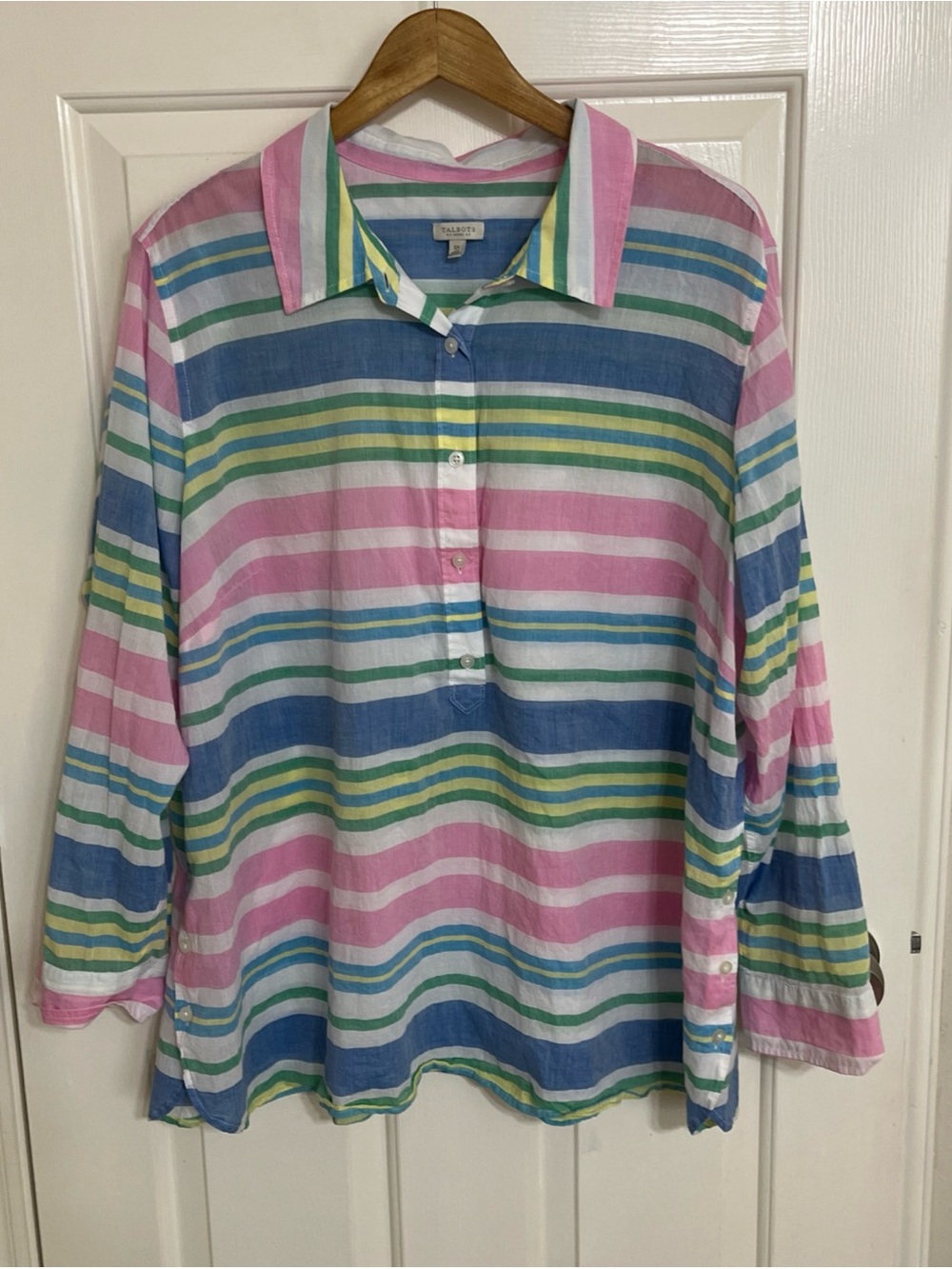 Talbots Striped Button-Up Shirt in Blue, Green & Yellow 3X